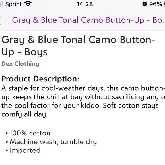 Dex Clothing-Gray Tonal Camo Button-up long sleeve soft cotton shirt-Boys XL NWT - Picture 3 of 3